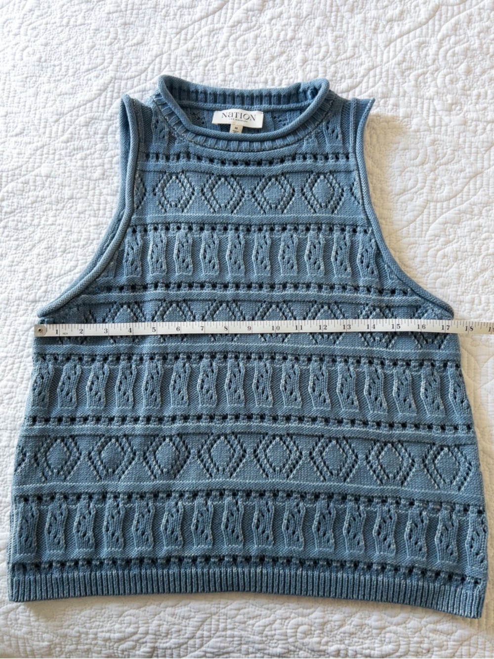 Nation LTD Lina Pointelle Sleeveless Sweater Vest Faded Denim Size M - Picture 9 of 10